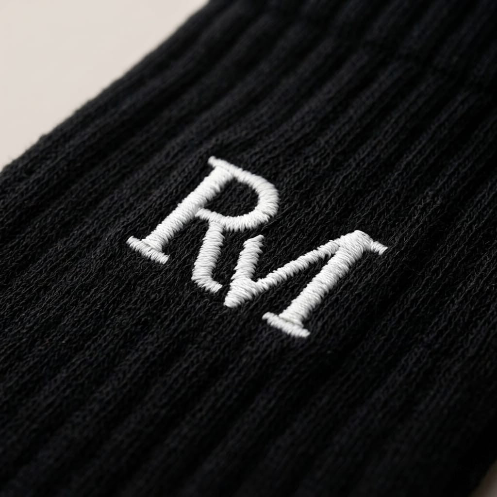Nahaufnahme des gestickten RM-Monogramms auf schwarzem Rippstrick