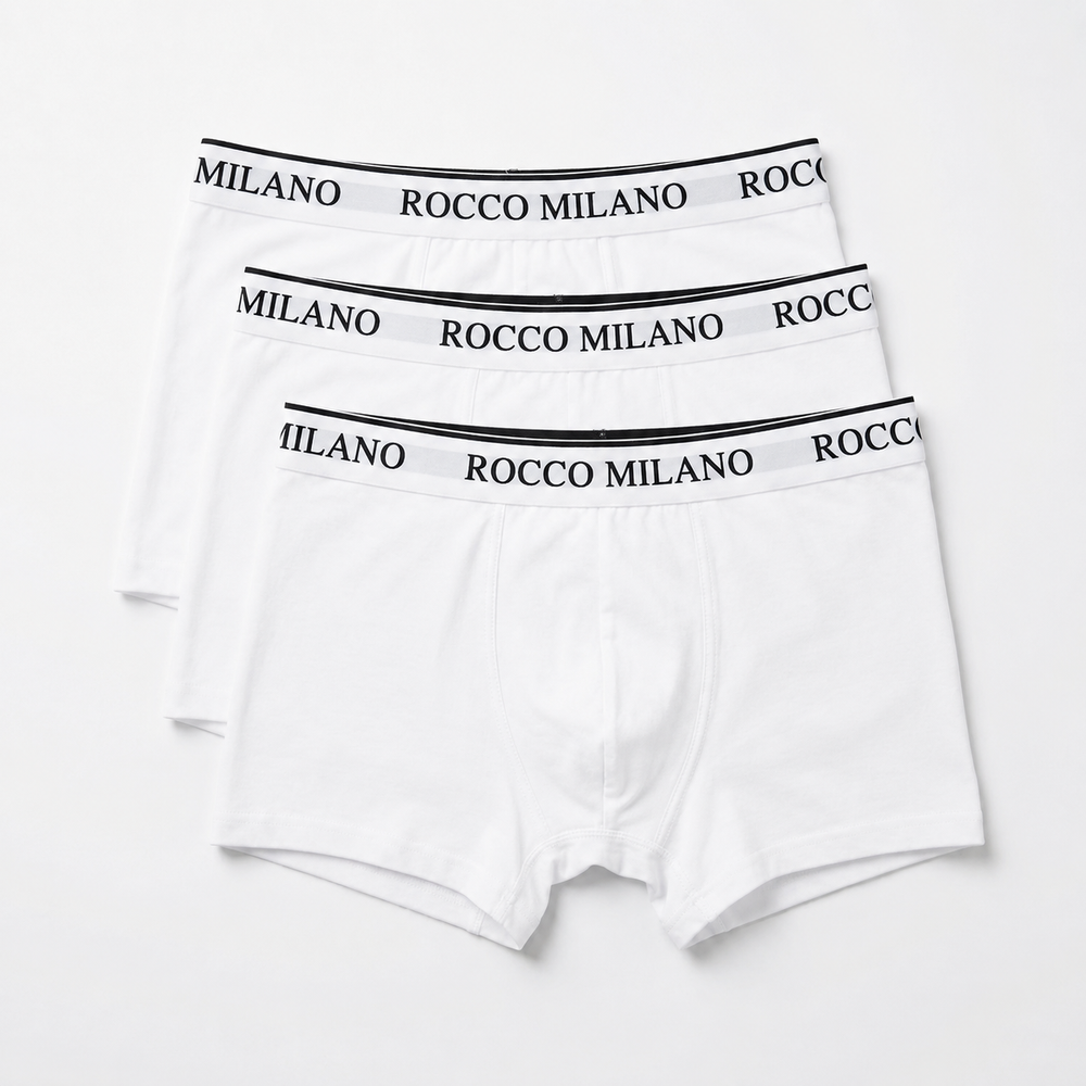 Drei weiße Boxershorts mit ROCCO MILANO Logobund