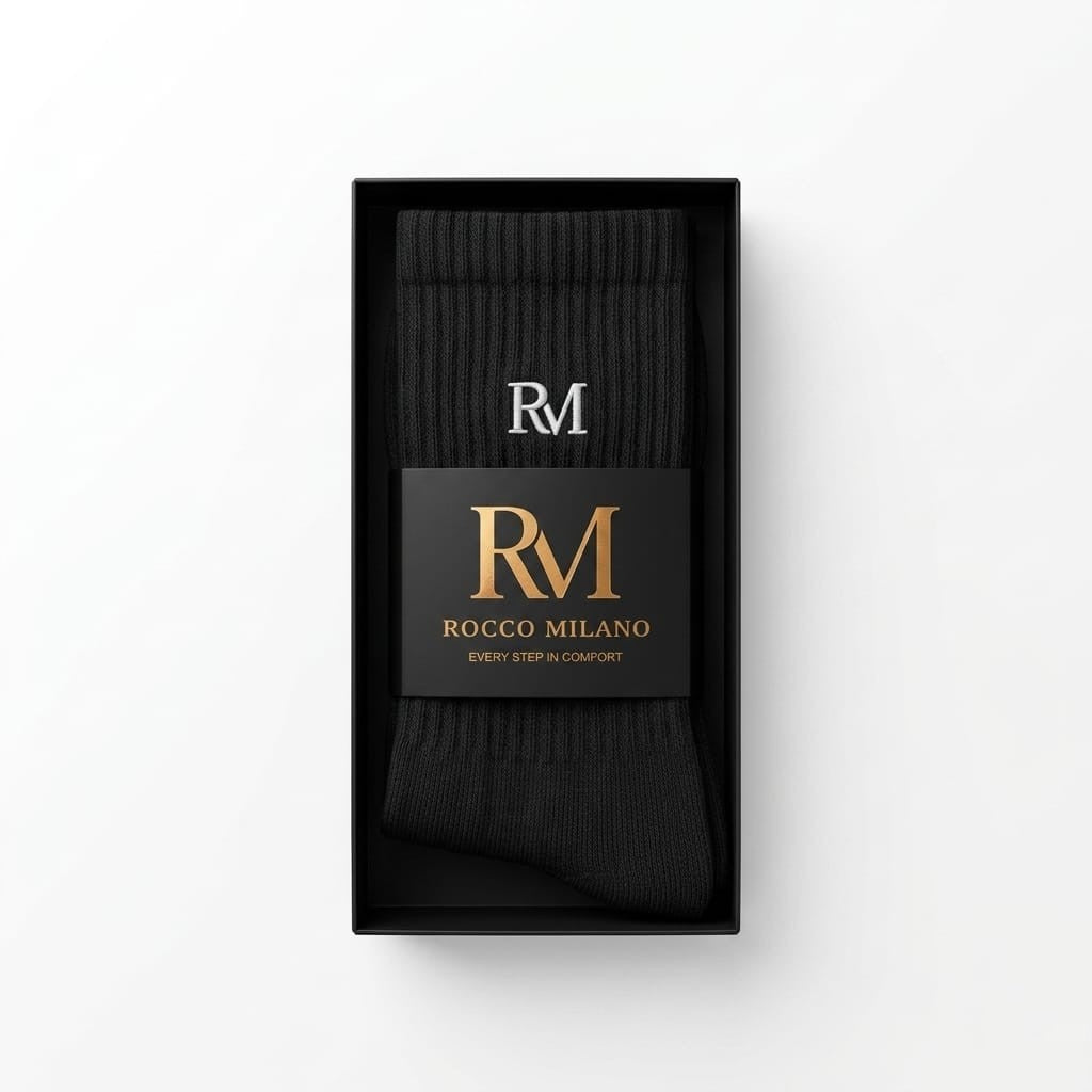 Schwarze Rocco Milano Socken in einer schwarzen Geschenkbox